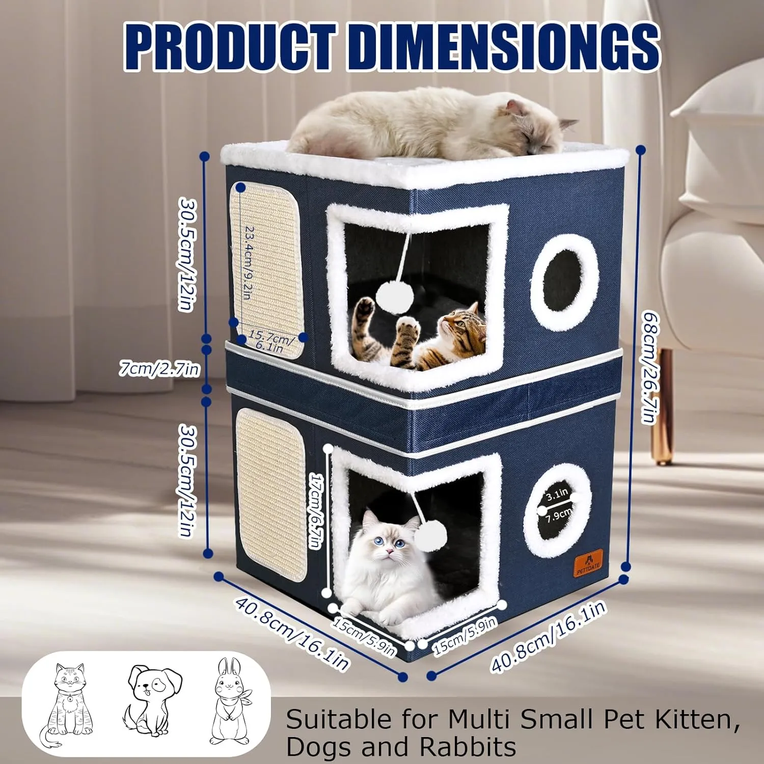 2-Story Cat House for Indoor Cats, Dual-Purpose Cat Cave Bed with Scratch Pad and Fluffy Ball, Foldable Cat Hideaway, Cute Cat Condo Furniture for Multi Small Pet Kitten, Blue