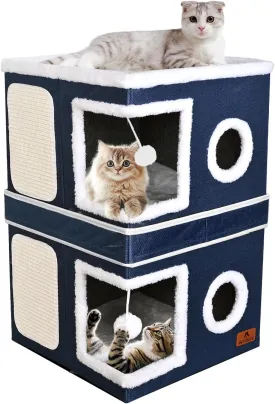 2-Story Cat House for Indoor Cats, Dual-Purpose Cat Cave Bed with Scratch Pad and Fluffy Ball, Foldable Cat Hideaway, Cute Cat Condo Furniture for Multi Small Pet Kitten, Blue