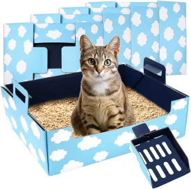 5 Pack Disposable Litter Box for Cat with Litter Scoop 18.7 x 14.4 x 5.7 in Cardboard Cat Litter Tray Portable Pet Litter Pan for Travel Multi-Cats HomeBlue Cloud