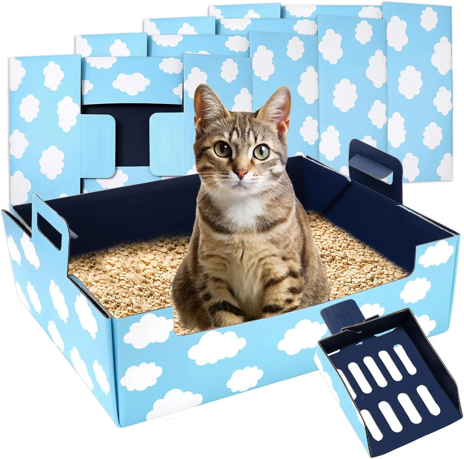 5 Pack Disposable Litter Box for Cat with Litter Scoop 18.7 x 14.4 x 5.7 in Cardboard Cat Litter Tray Portable Pet Litter Pan for Travel Multi-Cats HomeBlue Cloud