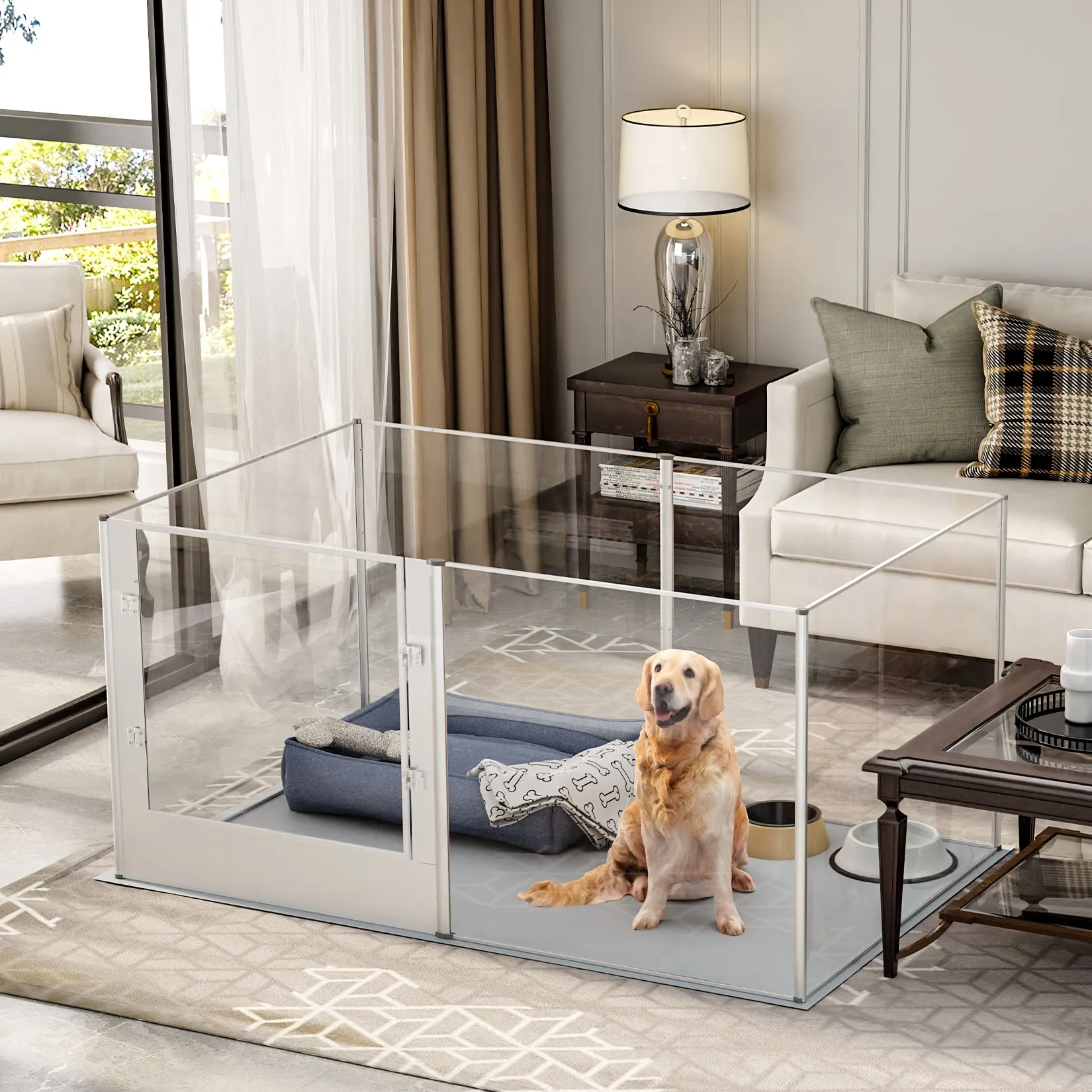 Acrylic Dog Playpen Fence: Indoor Clear Acrylic Pet Whelping Pen Box Dog Playpen Kennel Crate 80cm Taller with Waterproof Pad for Dogs, Rabbits, Guinea Pig