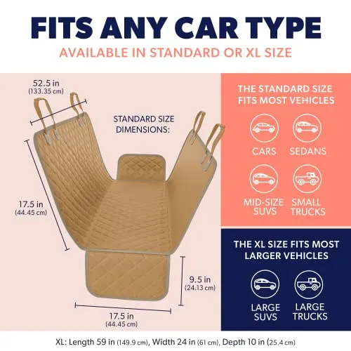 Active Pets Dog Car Seat Cover for Back Seat, Protector Dog Hammock for Car - Waterproof Pet Back Seat Cover for Trucks, Sedans & SUVs - Use with Chom Chom Roller Pet Hair Remover. Beige