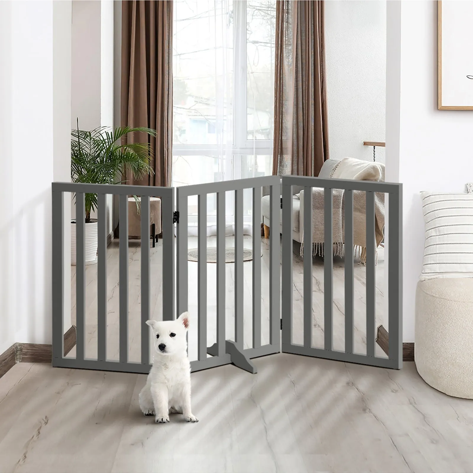 Alopet Wooden Pet Gate Dog Fence Grey Safety Stair Barrier Security Door 80cm