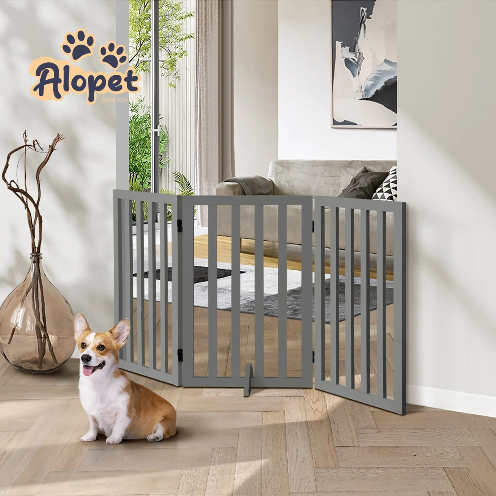 Alopet Wooden Pet Gate Dog Fence Grey Safety Stair Barrier Security Door 80cm