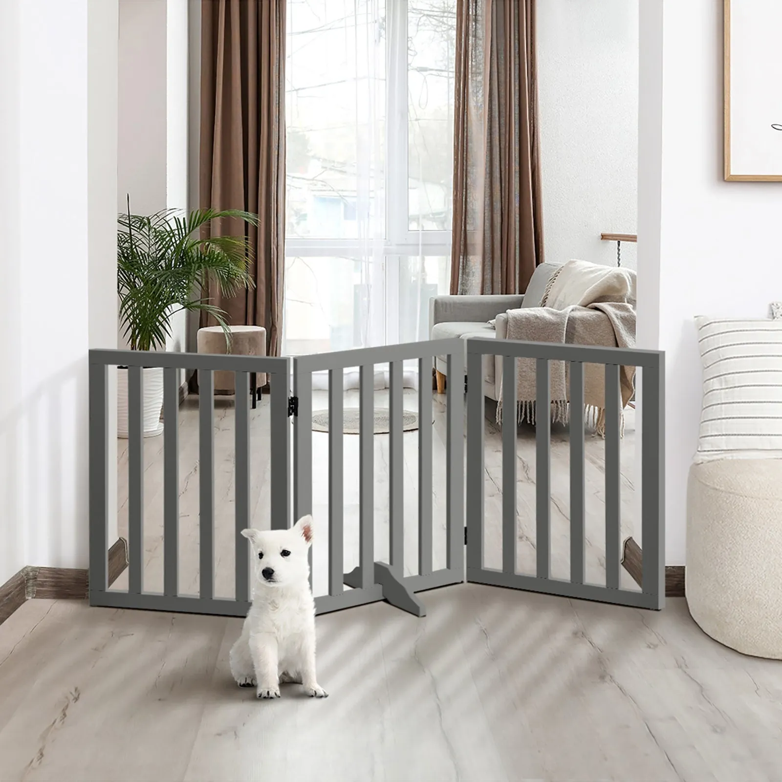Alopet Wooden Pet Gate Dog Fence Safety Stair Barrier Security Door 3-Panel Grey