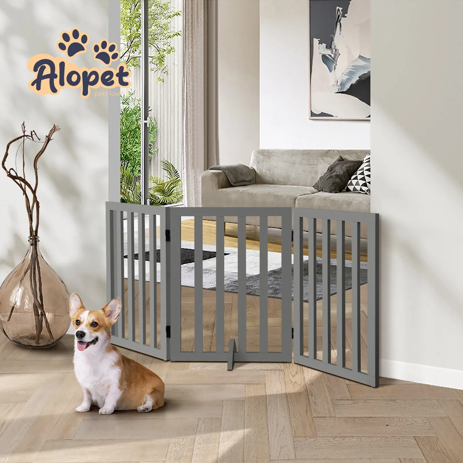 Alopet Wooden Pet Gate Dog Fence Safety Stair Barrier Security Door 3-Panel Grey