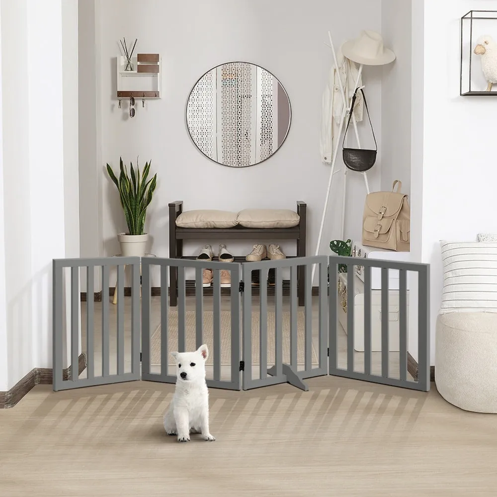 Alopet Wooden Pet Gate Safety Stair Barrier 4-Panel Grey