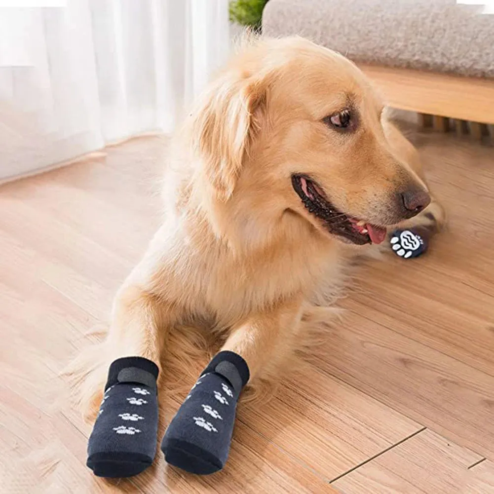 Anti-Slip Dog Socks 4pcs - Paw Protector with Traction Control - Adjustable Indoor Wear Knitted Pet Socks with Rubber Reinforcement