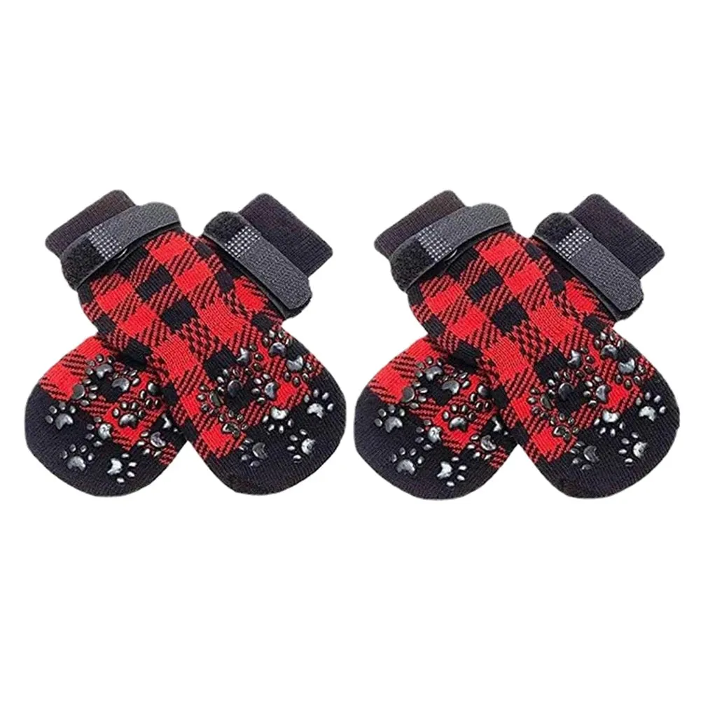 Anti-Slip Dog Socks 4pcs - Paw Protector with Traction Control - Adjustable Indoor Wear Knitted Pet Socks with Rubber Reinforcement