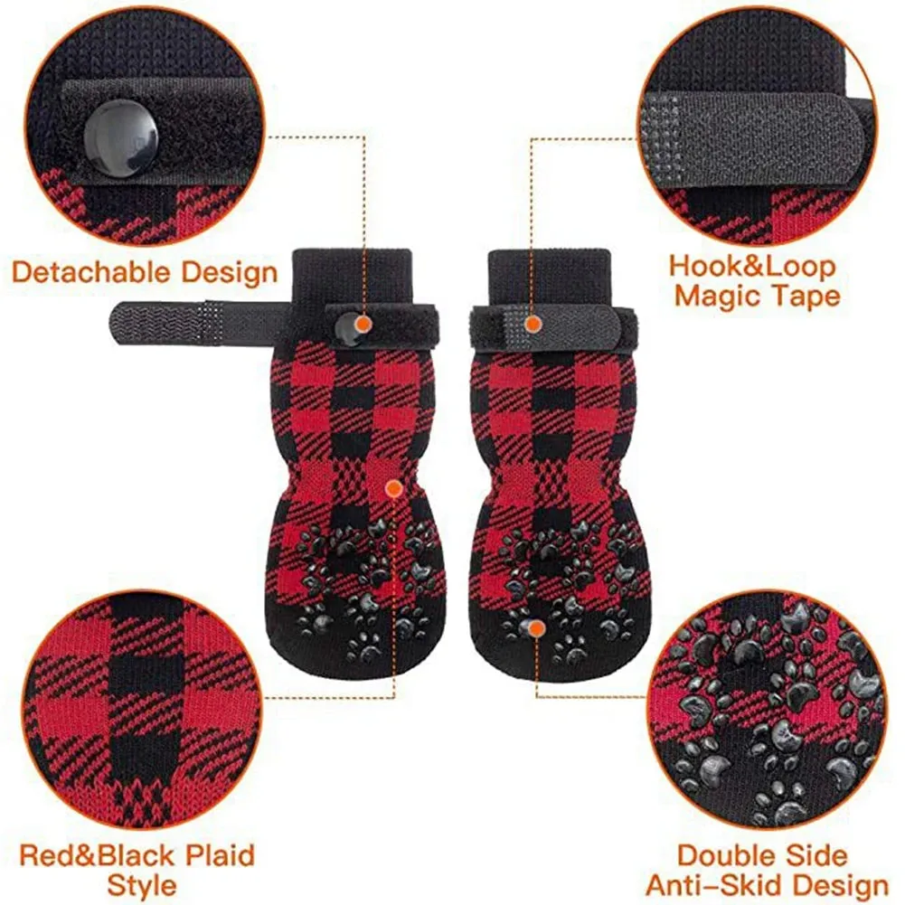 Anti-Slip Dog Socks 4pcs - Paw Protector with Traction Control - Adjustable Indoor Wear Knitted Pet Socks with Rubber Reinforcement