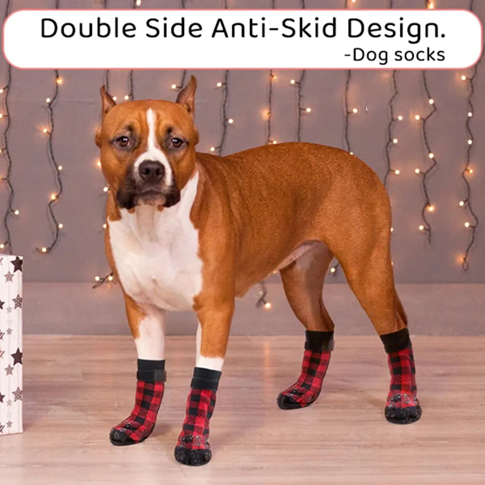 Anti-Slip Dog Socks 4pcs - Paw Protector with Traction Control - Adjustable Indoor Wear Knitted Pet Socks with Rubber Reinforcement