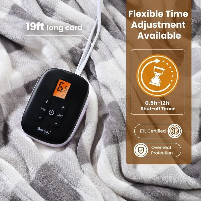 Bearhug Electric Blanket Heated Heating Blanket Twin Size 62"  84" Double Sided Velvet 10 Heating Levels 0.5-12H Auto Off Over-Heat Protect ETL Certification Machine Washable Grey White Plaid
