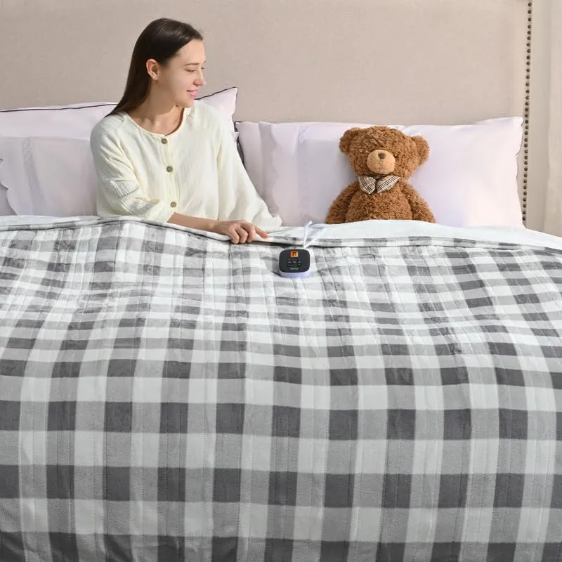 Bearhug Electric Blanket Heated Heating Blanket Twin Size 62"  84" Double Sided Velvet 10 Heating Levels 0.5-12H Auto Off Over-Heat Protect ETL Certification Machine Washable Grey White Plaid