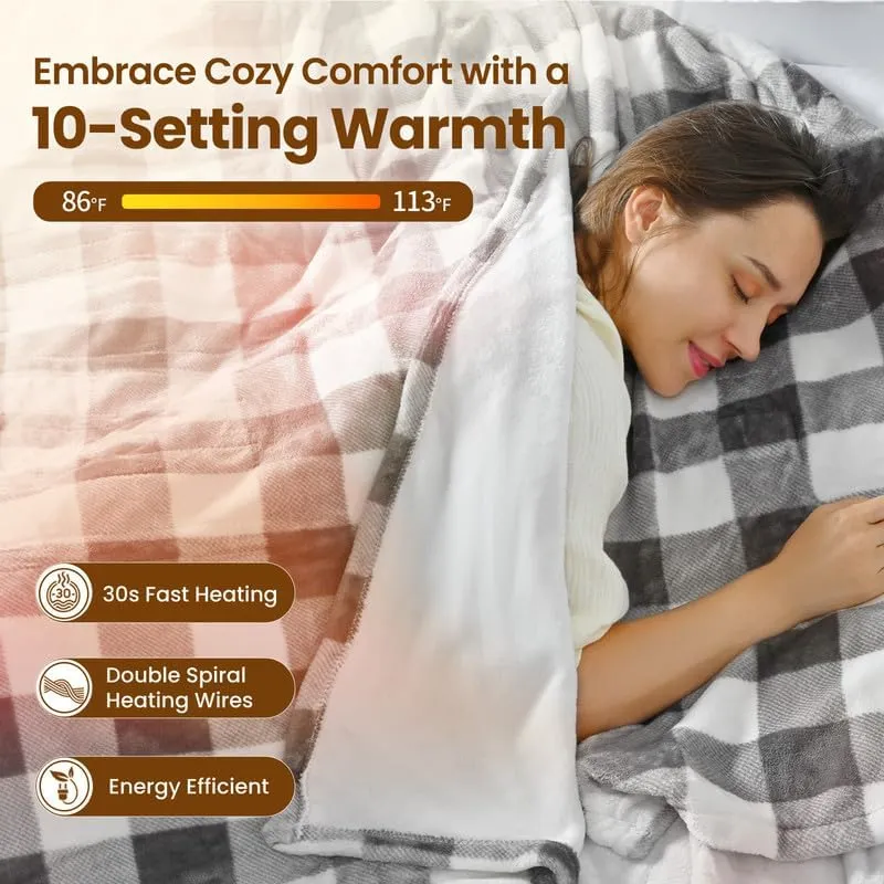 Bearhug Electric Blanket Heated Heating Blanket Twin Size 62"  84" Double Sided Velvet 10 Heating Levels 0.5-12H Auto Off Over-Heat Protect ETL Certification Machine Washable Grey White Plaid