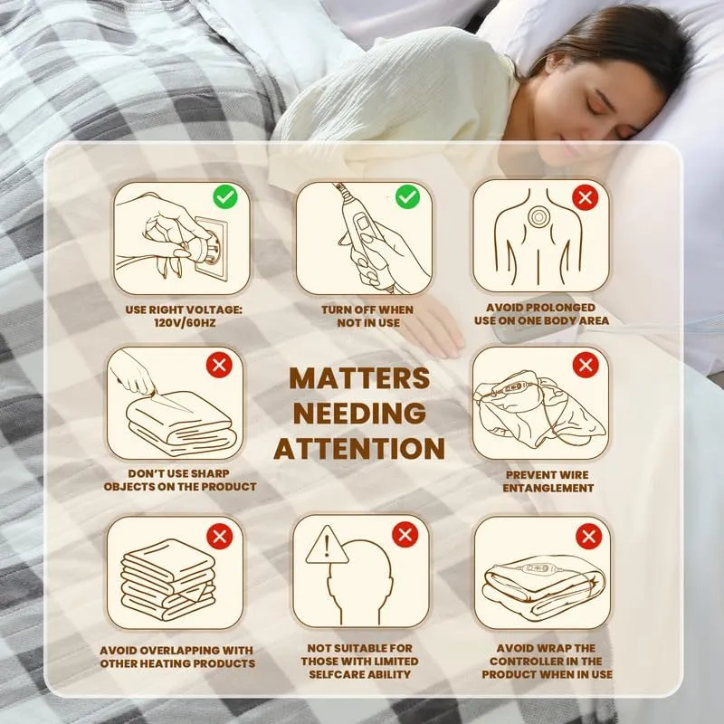 Bearhug Electric Blanket Heated Heating Blanket Twin Size 62"  84" Double Sided Velvet 10 Heating Levels 0.5-12H Auto Off Over-Heat Protect ETL Certification Machine Washable Grey White Plaid