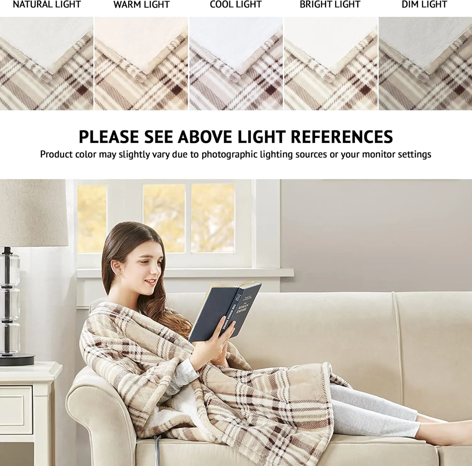 Beautyrest Reversible Sherpa to Fleece Electric Wrap Poncho Blanket Shawl Wearable, Auto Shut Off, Virtually Zero EMF, Multi Heat Setting, UL Certified, Machine Washable, Tan Plaid 50" x 64"