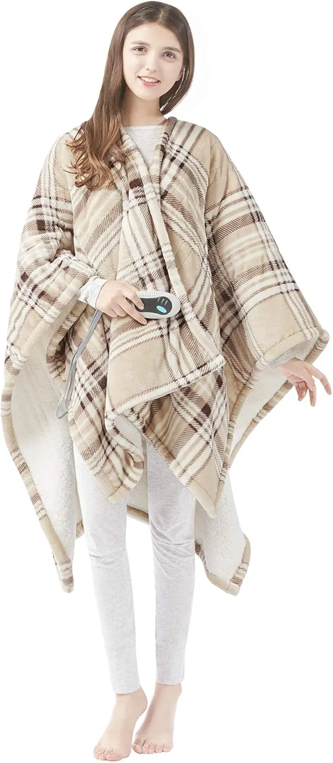 Beautyrest Reversible Sherpa to Fleece Electric Wrap Poncho Blanket Shawl Wearable, Auto Shut Off, Virtually Zero EMF, Multi Heat Setting, UL Certified, Machine Washable, Tan Plaid 50" x 64"