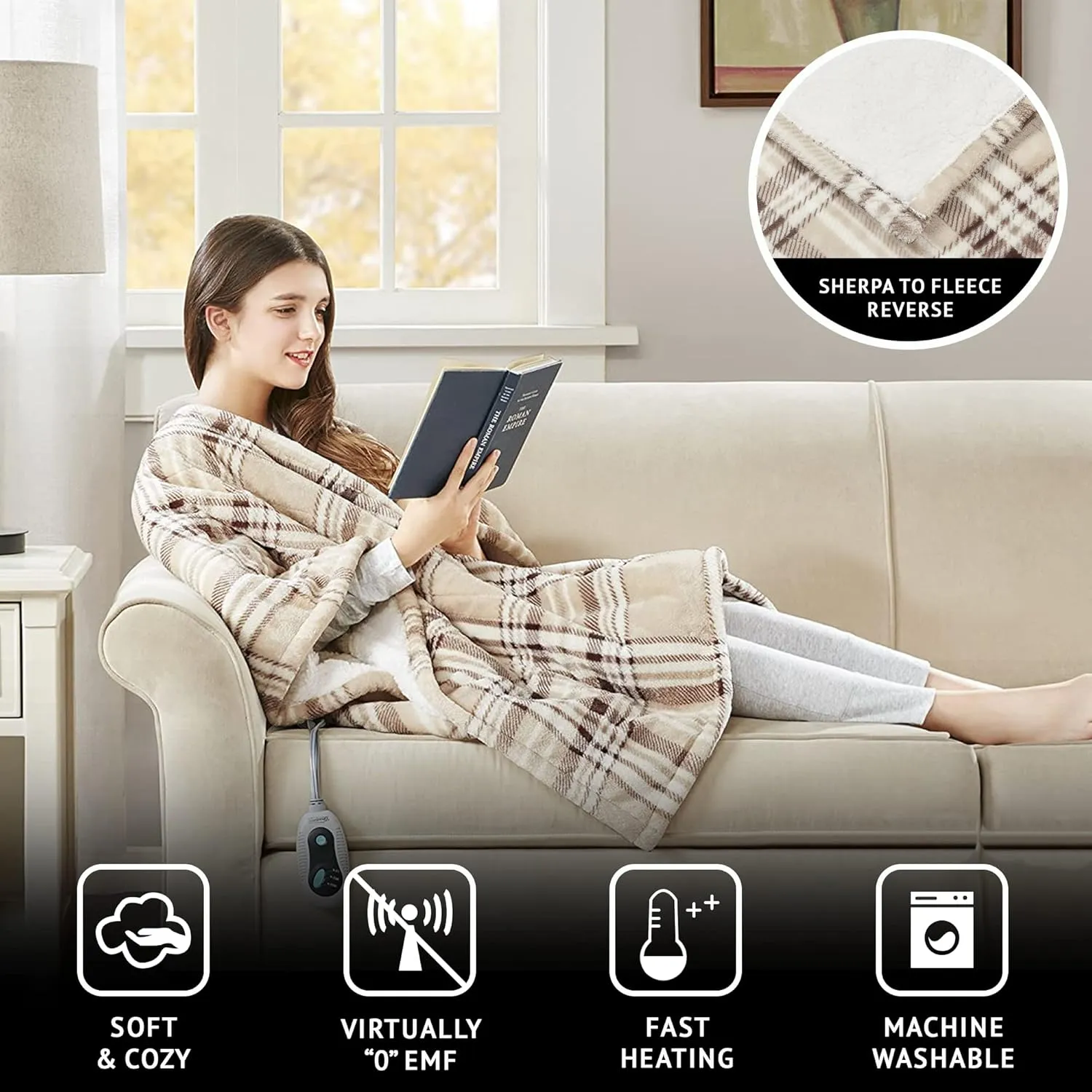 Beautyrest Reversible Sherpa to Fleece Electric Wrap Poncho Blanket Shawl Wearable, Auto Shut Off, Virtually Zero EMF, Multi Heat Setting, UL Certified, Machine Washable, Tan Plaid 50" x 64"