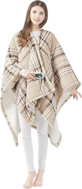 Beautyrest Reversible Sherpa to Fleece Electric Wrap Poncho Blanket Shawl Wearable, Auto Shut Off, Virtually Zero EMF, Multi Heat Setting, UL Certified, Machine Washable, Tan Plaid 50" x 64"