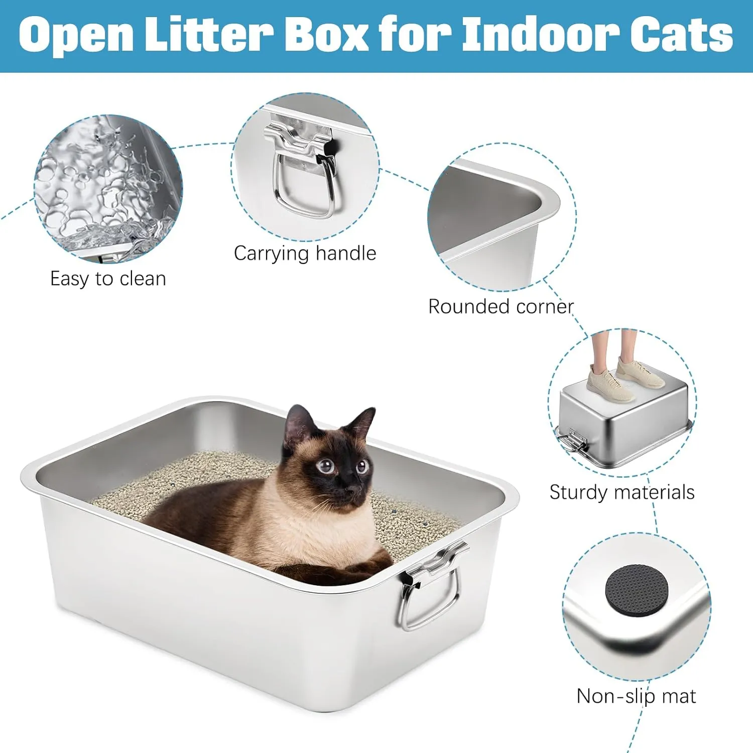 BNOSDM Stainless Steel Cat Litter Box, Metal Litter Pan with Handles (17.7'' x 14'' x 6'') Rustproof High Sides Toilet with Litter Sifting Scoop for Cats & Rabbits