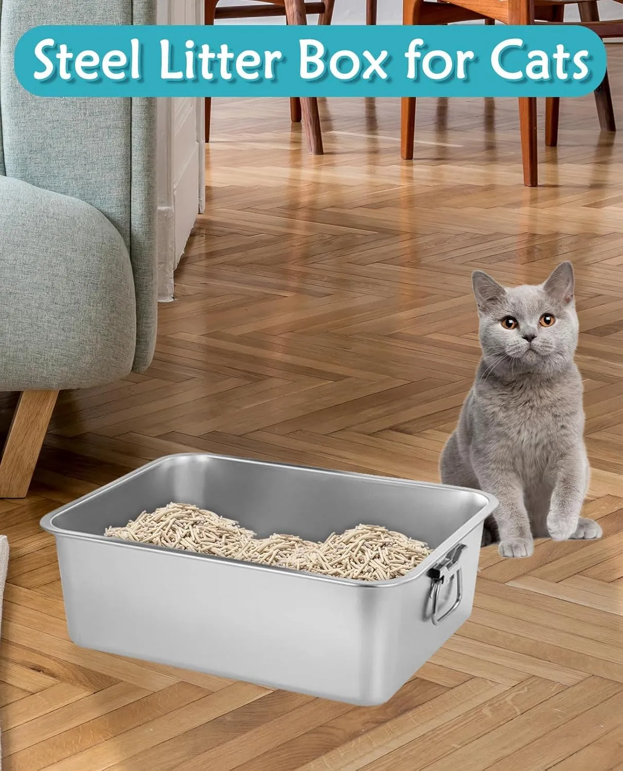 BNOSDM Stainless Steel Cat Litter Box, Metal Litter Pan with Handles (17.7'' x 14'' x 6'') Rustproof High Sides Toilet with Litter Sifting Scoop for Cats & Rabbits