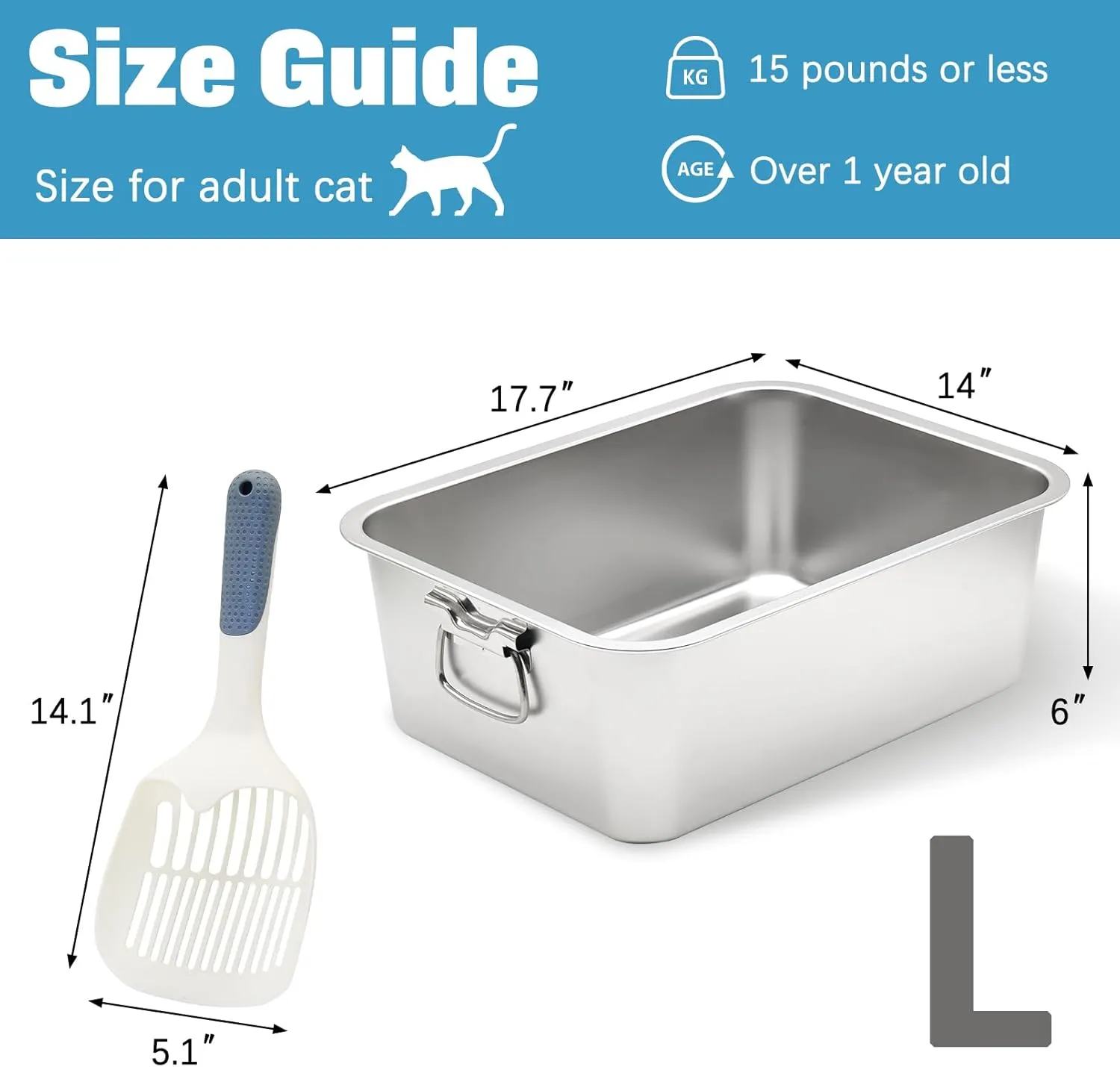 BNOSDM Stainless Steel Cat Litter Box, Metal Litter Pan with Handles (17.7'' x 14'' x 6'') Rustproof High Sides Toilet with Litter Sifting Scoop for Cats & Rabbits