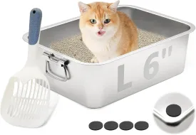 BNOSDM Stainless Steel Cat Litter Box, Metal Litter Pan with Handles (17.7'' x 14'' x 6'') Rustproof High Sides Toilet with Litter Sifting Scoop for Cats & Rabbits