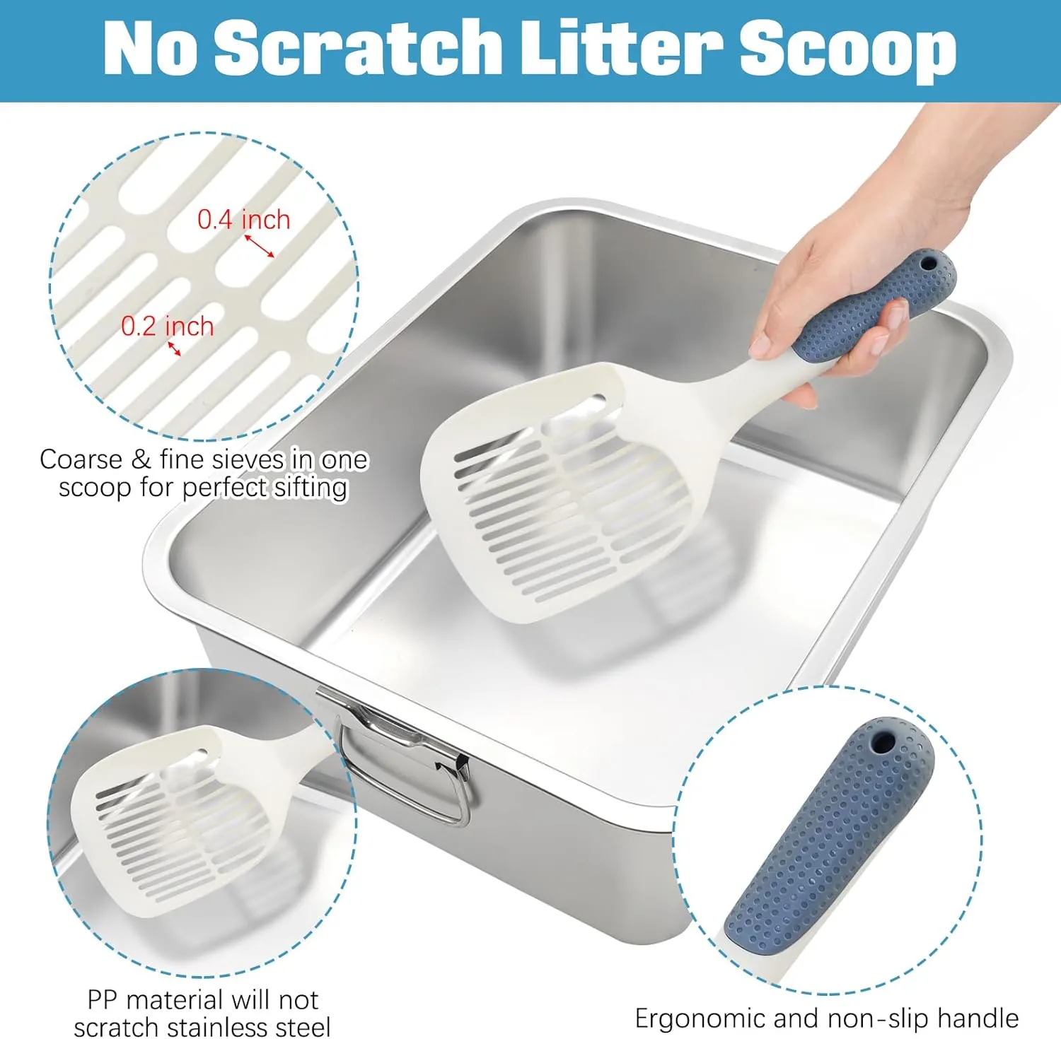BNOSDM Stainless Steel Cat Litter Box, Metal Litter Pan with Handles (17.7'' x 14'' x 6'') Rustproof High Sides Toilet with Litter Sifting Scoop for Cats & Rabbits