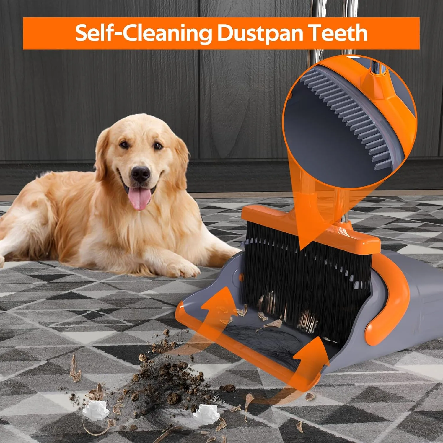 Broom and Dustpan Set with 52" Long Handle Broom, Self-Cleaning Teeth & Standing Dustpan, Orange & Grey