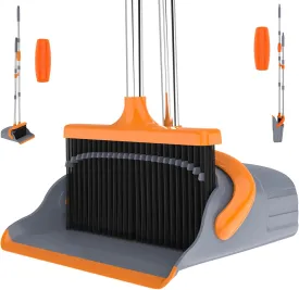 Broom and Dustpan Set with 52" Long Handle Broom, Self-Cleaning Teeth & Standing Dustpan, Orange & Grey
