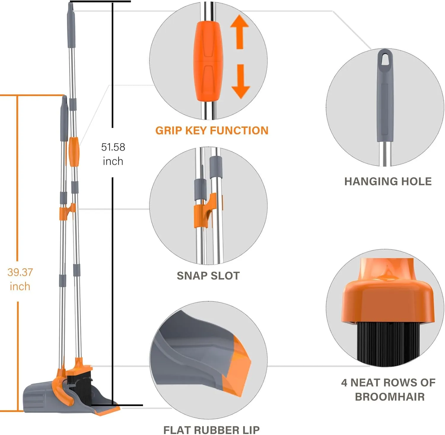 Broom and Dustpan Set with 52" Long Handle Broom, Self-Cleaning Teeth & Standing Dustpan, Orange & Grey