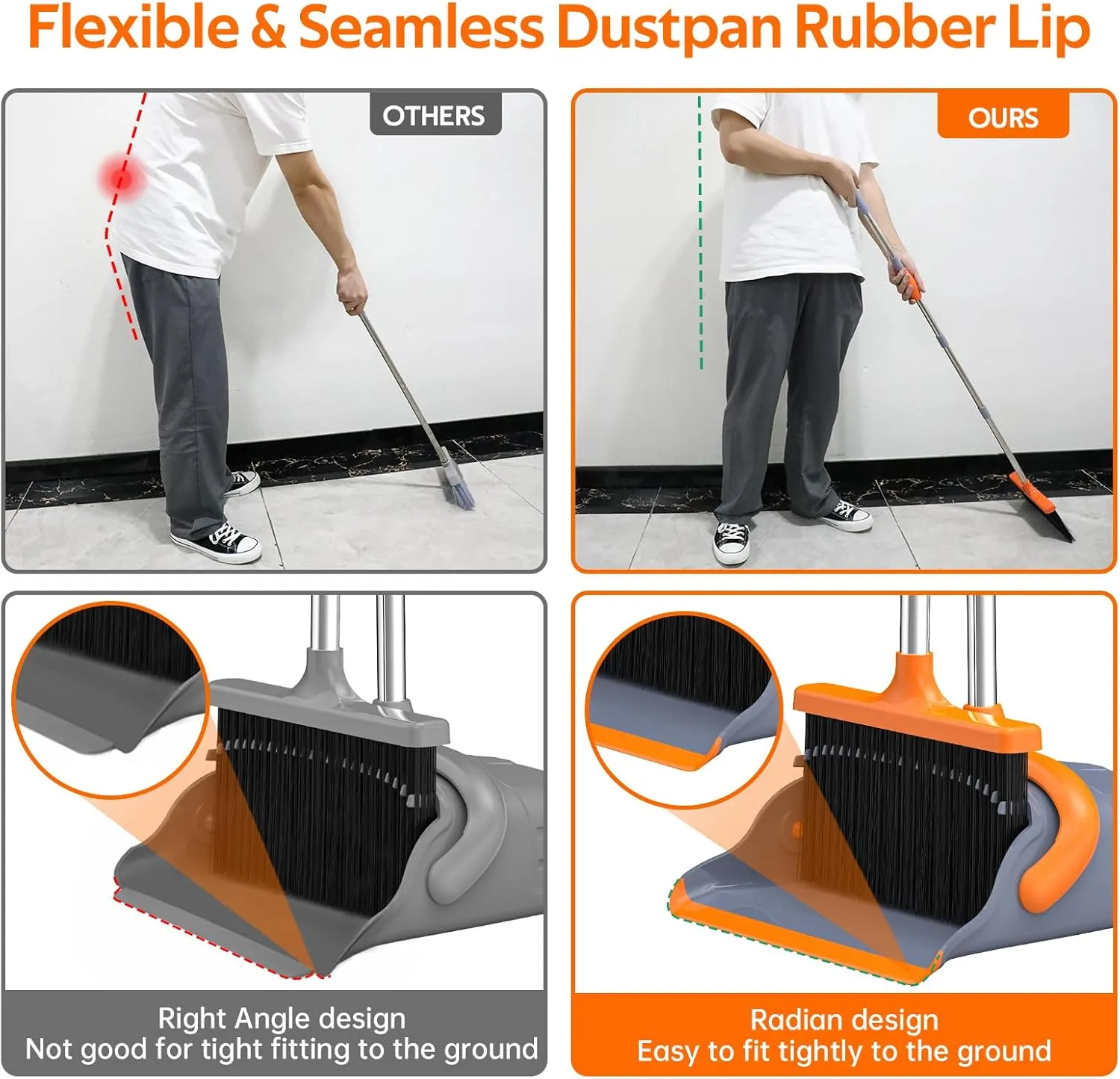 Broom and Dustpan Set with 52" Long Handle Broom, Self-Cleaning Teeth & Standing Dustpan, Orange & Grey