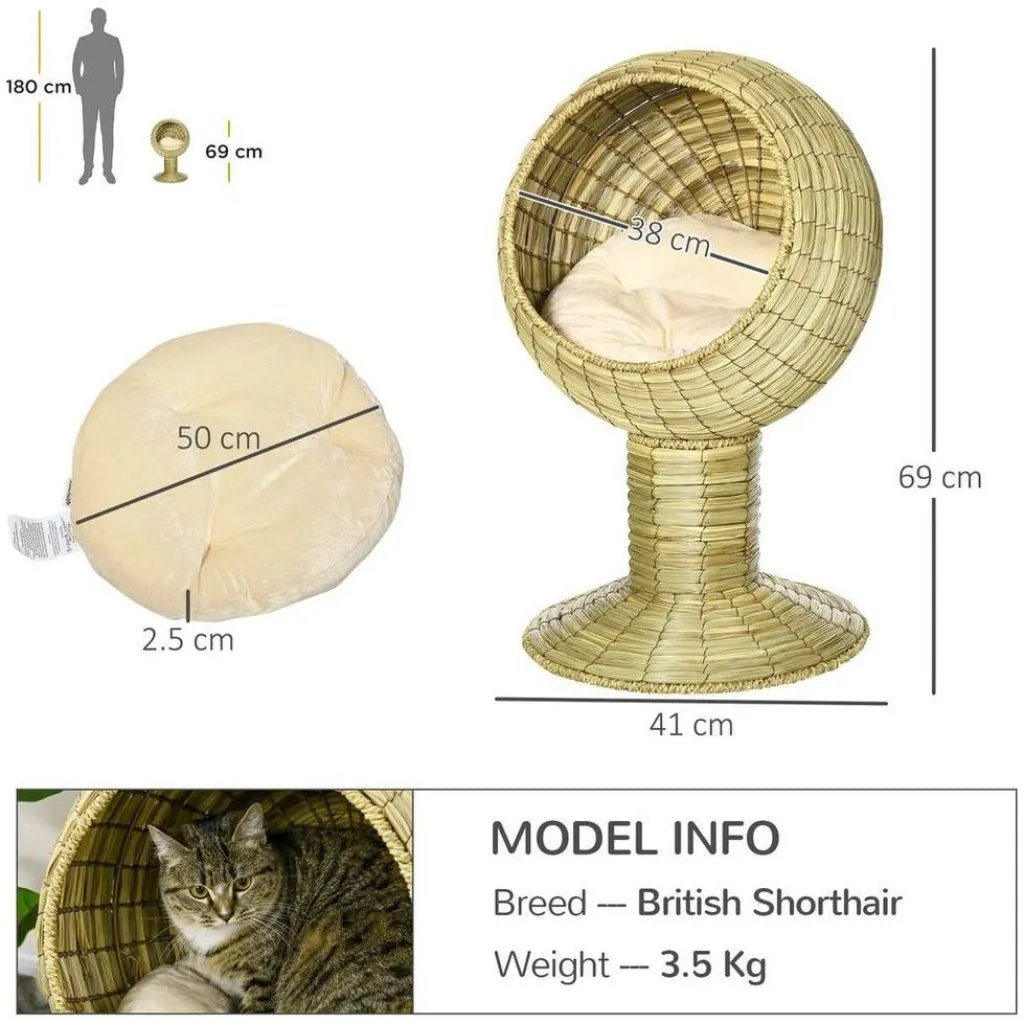 Cat House & Stand - Natural Cat Bed & Cushion - Wicker Cat Cave