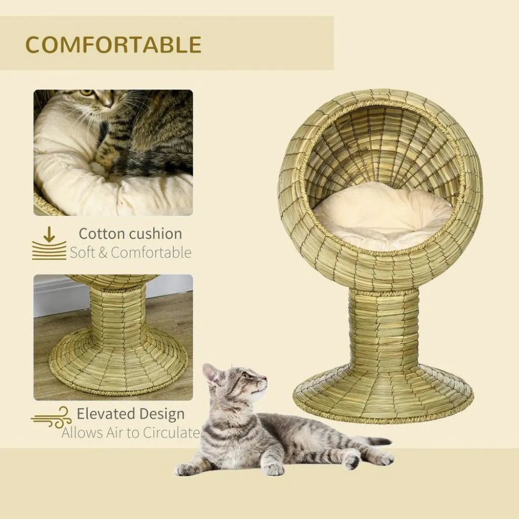 Cat House & Stand - Natural Cat Bed & Cushion - Wicker Cat Cave