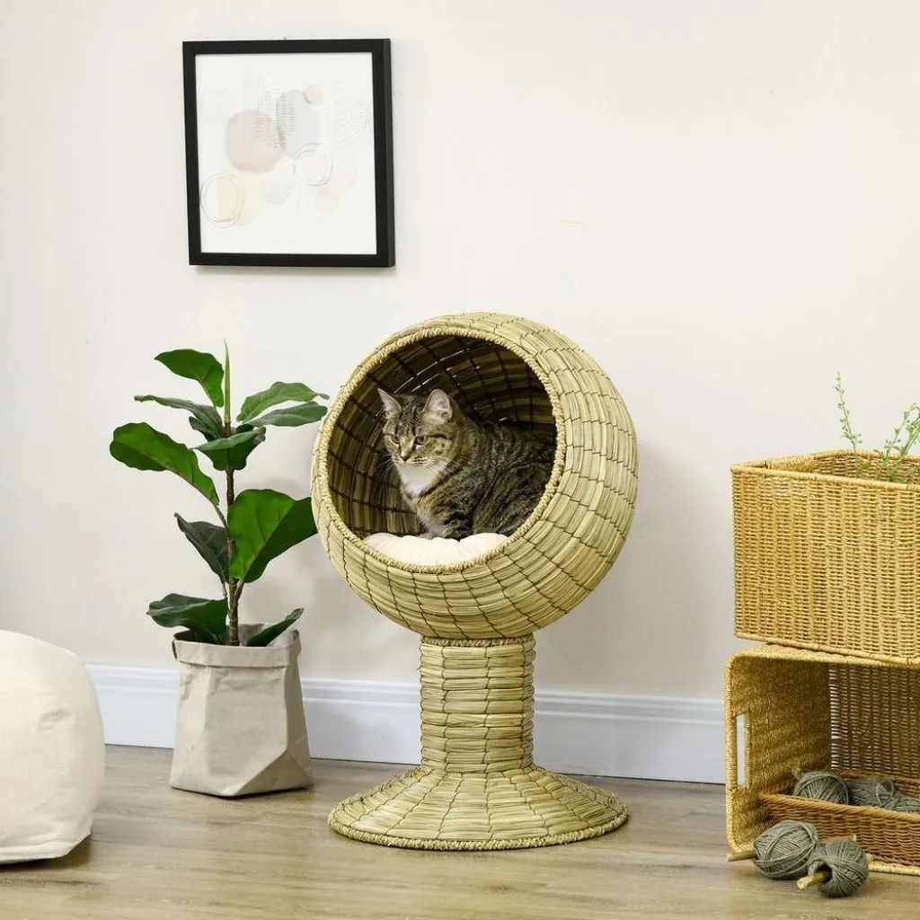 Cat House & Stand - Natural Cat Bed & Cushion - Wicker Cat Cave