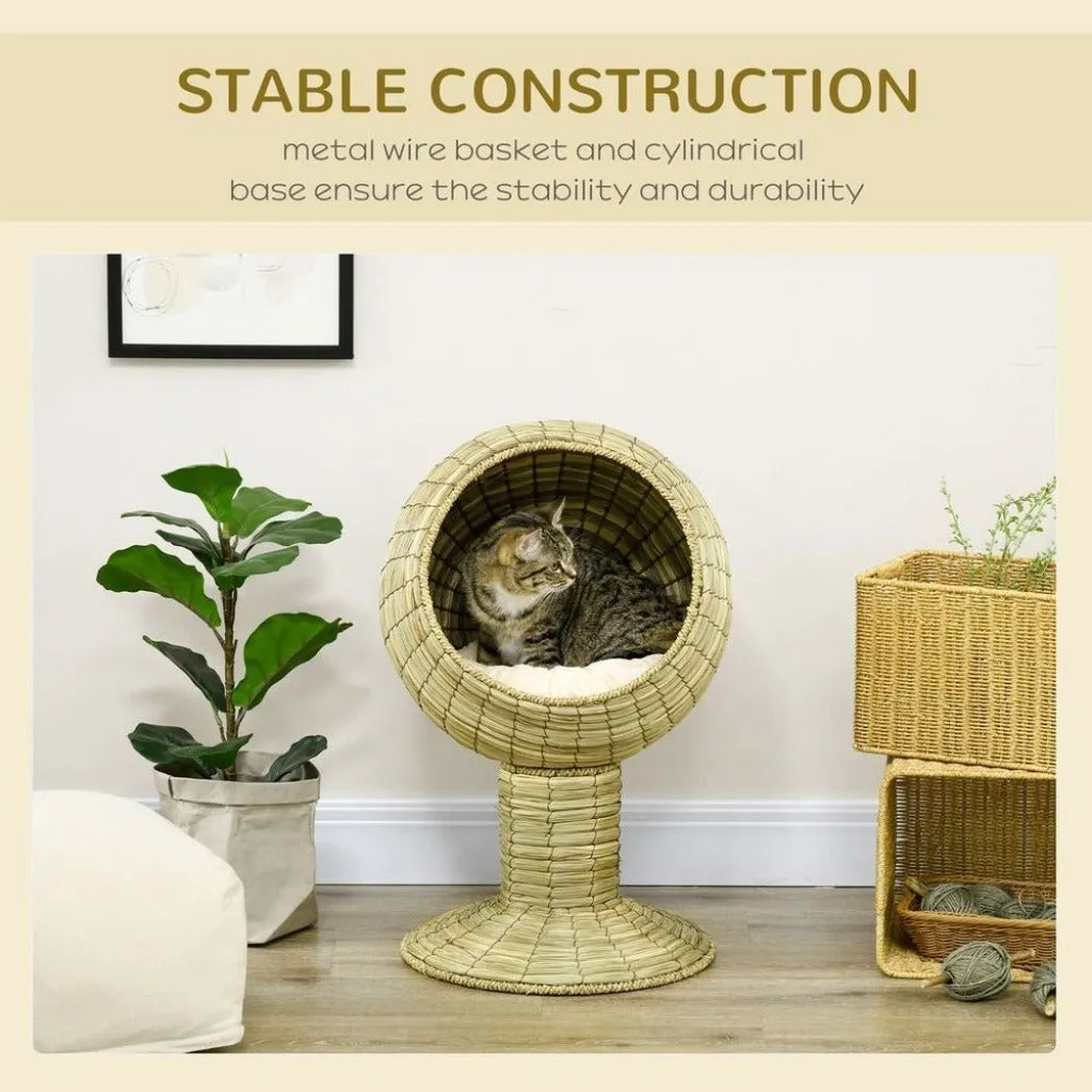 Cat House & Stand - Natural Cat Bed & Cushion - Wicker Cat Cave