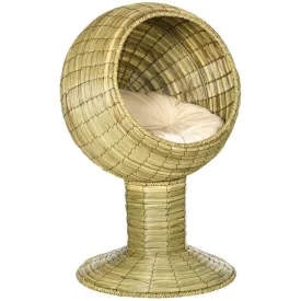 Cat House & Stand - Natural Cat Bed & Cushion - Wicker Cat Cave