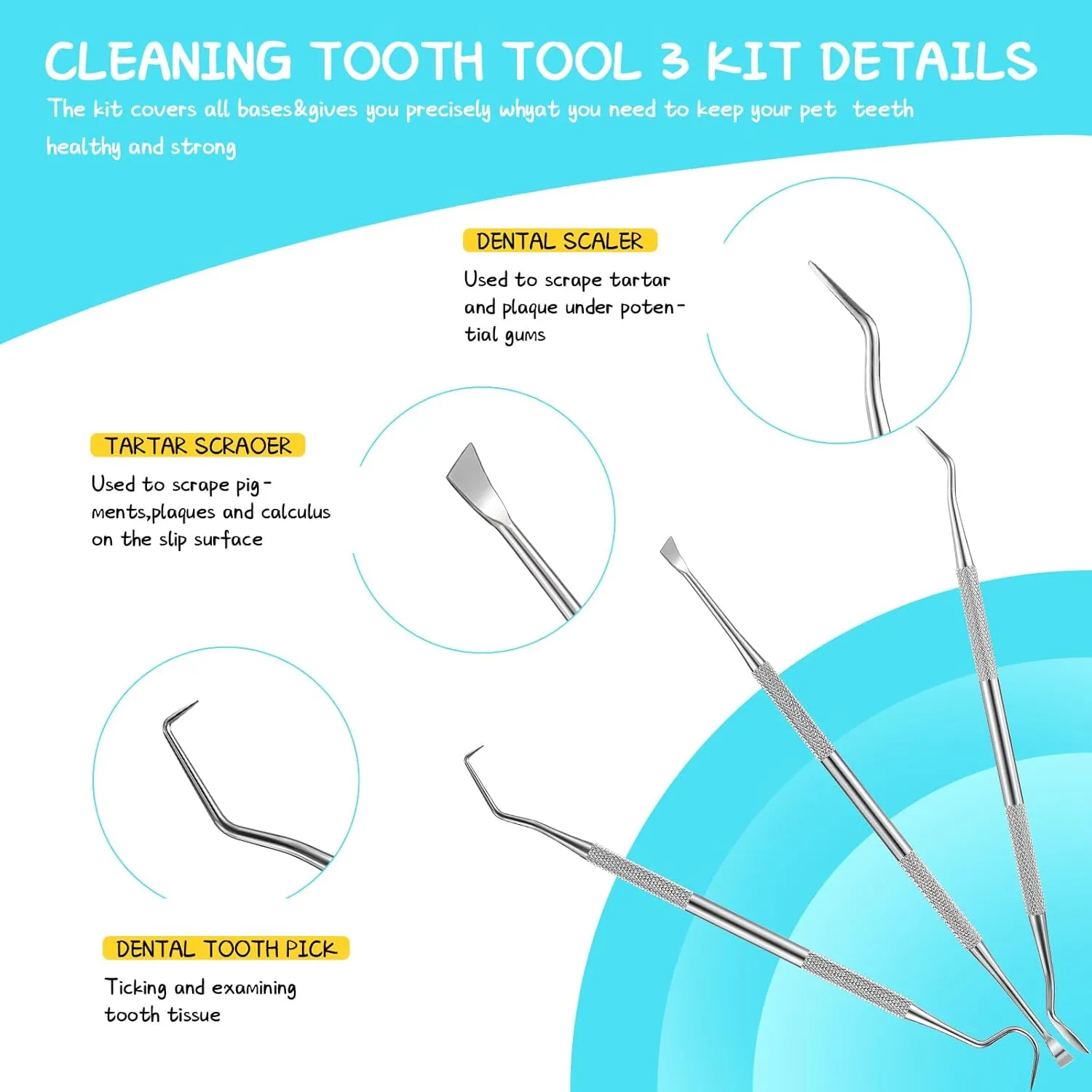 CHENGU 7 Pcs Dog Teeth Cleaning Kit Includes Tooth Scaler and Tarter Remover Scraper 3 Head Pet Toothbrush and Dog Finger Toothbrush Plaque Remover Tools (Classic Style,Blue Red and Orange)