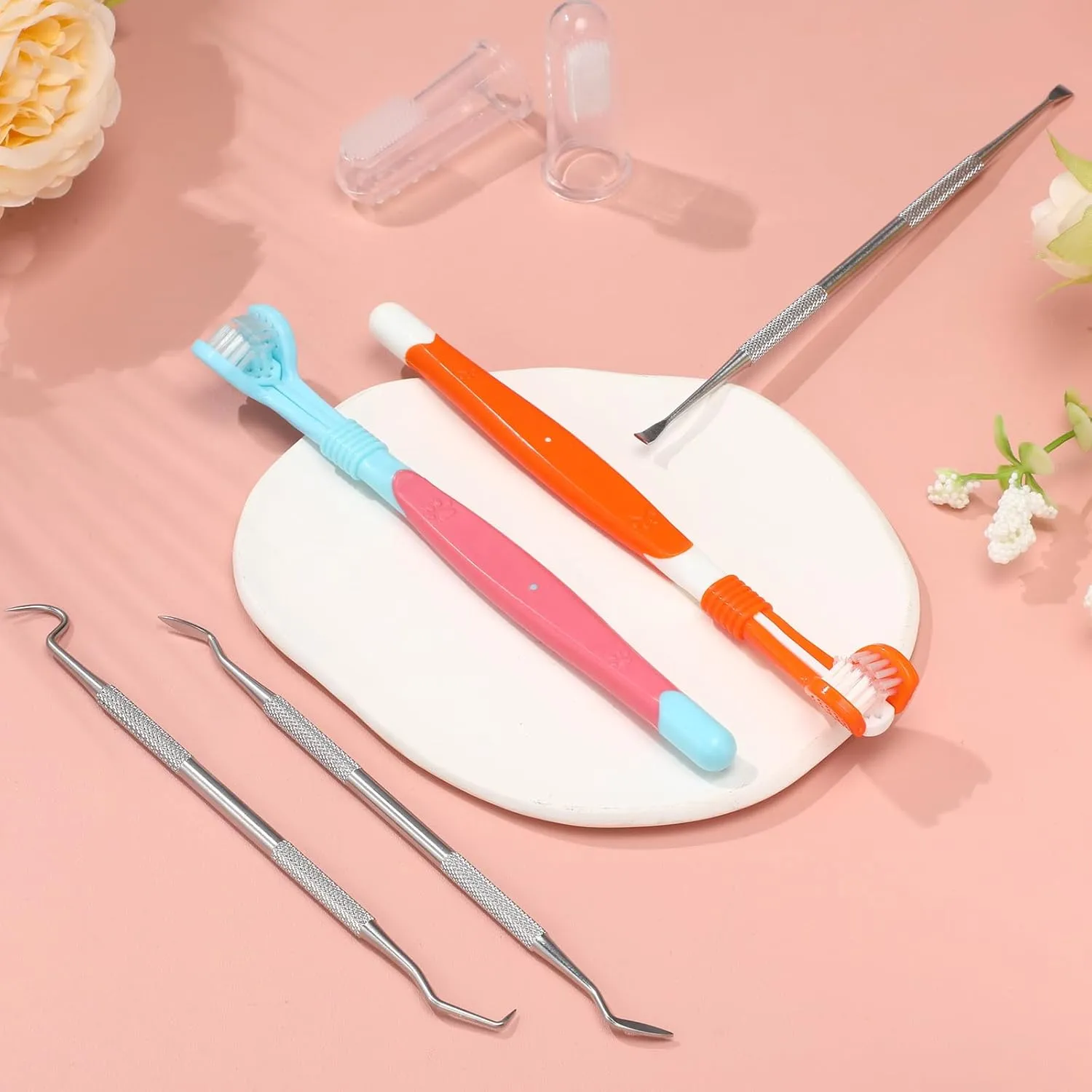 CHENGU 7 Pcs Dog Teeth Cleaning Kit Includes Tooth Scaler and Tarter Remover Scraper 3 Head Pet Toothbrush and Dog Finger Toothbrush Plaque Remover Tools (Classic Style,Blue Red and Orange)