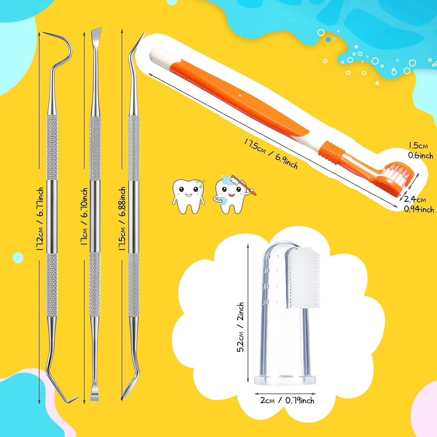 CHENGU 7 Pcs Dog Teeth Cleaning Kit Includes Tooth Scaler and Tarter Remover Scraper 3 Head Pet Toothbrush and Dog Finger Toothbrush Plaque Remover Tools (Classic Style,Blue Red and Orange)