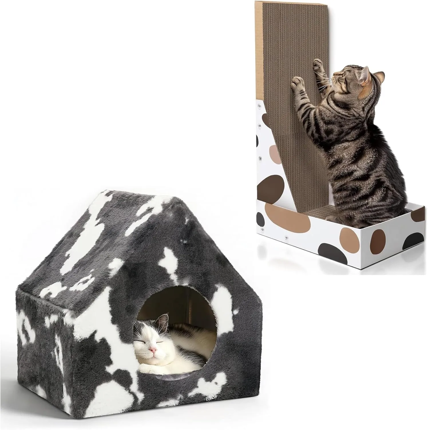 ComSaf Cat Scratching Board, L Shaped Cat Wall Scratcher Bundle with ComSaf Cat Bed Cave House - Winter Pet House with Fluffy Covered Cat Beds for Indoor Cats