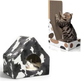 ComSaf Cat Scratching Board, L Shaped Cat Wall Scratcher Bundle with ComSaf Cat Bed Cave House - Winter Pet House with Fluffy Covered Cat Beds for Indoor Cats