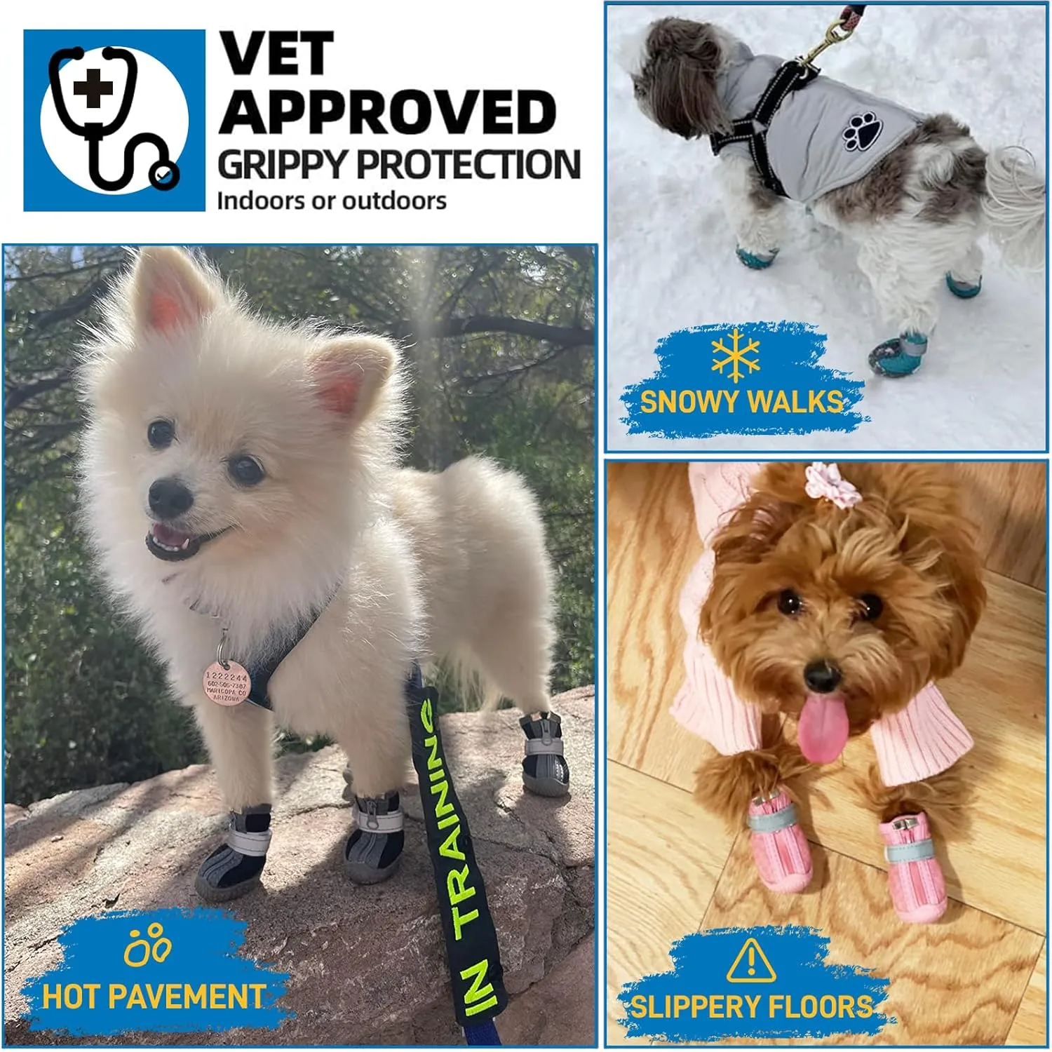 Dog Shoes for Small Dogs, Waterproof Dog Boots Paw Protector for Hot Pavement Winter Snow, Dog Booties with Reflective Strips Rugged Anti-Slip Sole for Hardwood Floors Outdoor Walking Khaki Size 2