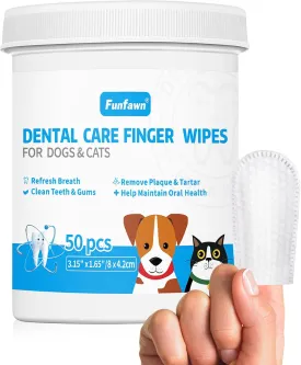 Dog Teeth Cleaning Finger Wipes - Pet Dental Care Wipes for Dogs & Cats - Freshens Breath - Remove Plaque and Tartar - Disposable Gentle Cleaning & Gum Care Dog Finger Toothbrush - 50 Count