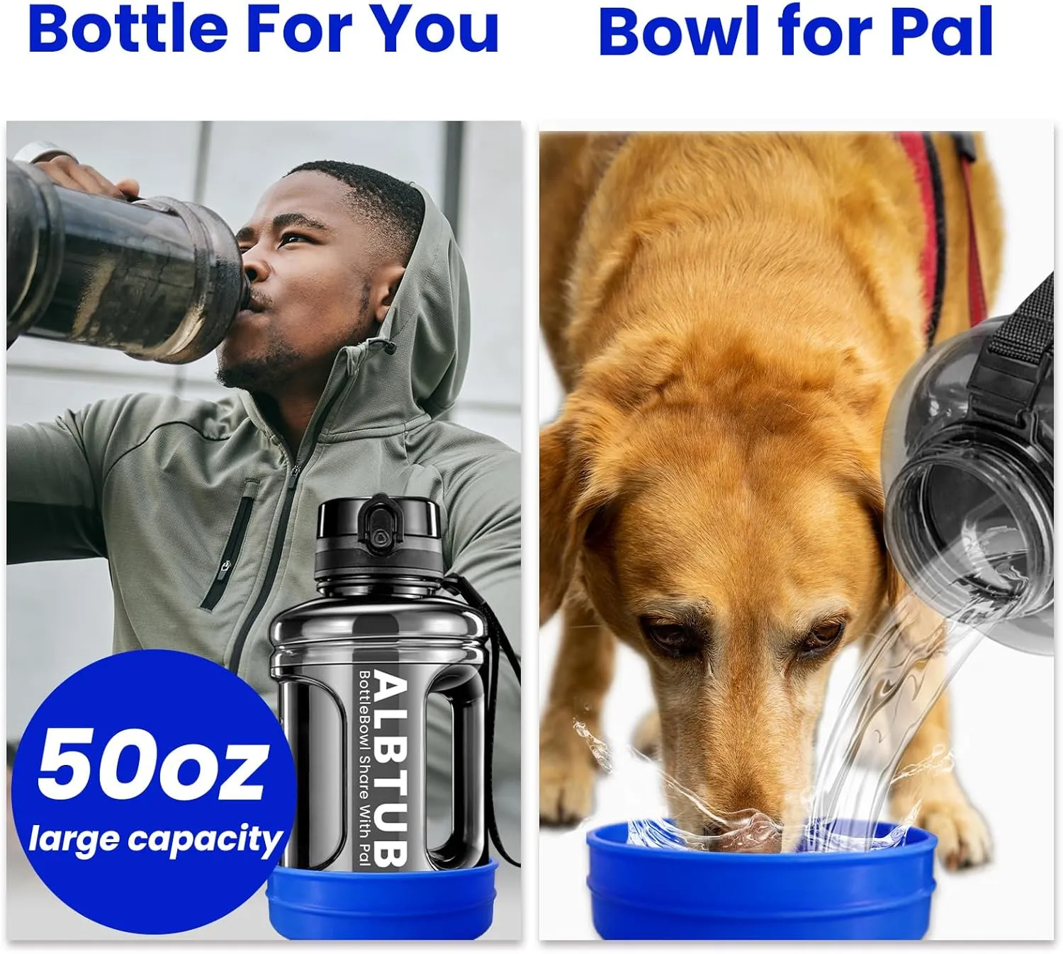 Dog Water Bottle and Bowl for Travel, 50OZ, Mega Capacity, Hydration for You & Your Pup, for Hunting, Hiking, Beach Camping, Park Walking (Blue)