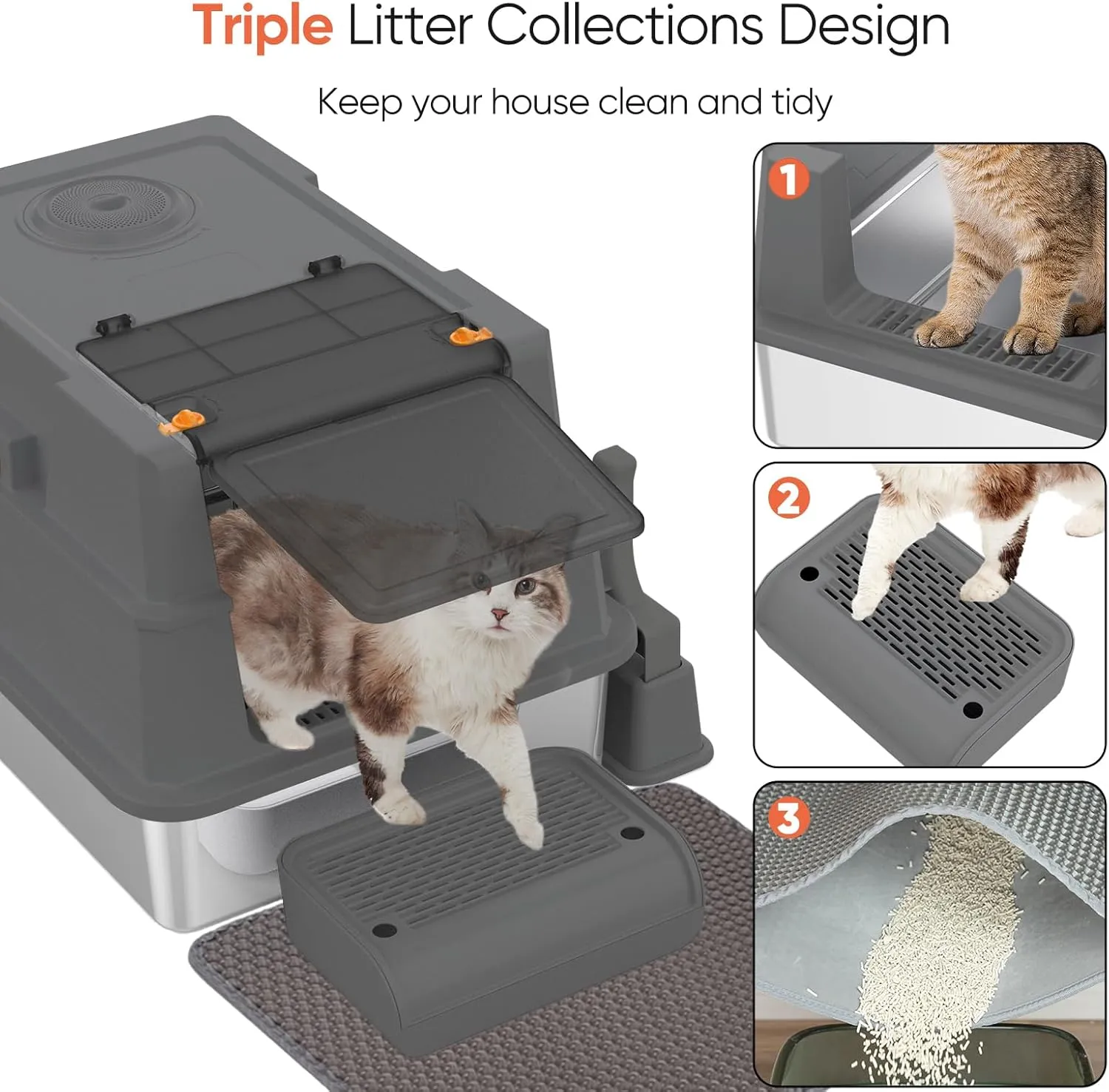 ELEGX XXXL Extra Large 28" L20" W Odor-Control Stainless Steel Cat Litter Box, 4-in-1 Cat Metal Litter Box Set,Enclosed Removable Metal Litter Box with High Sided Enclosure,Mat & Scoop