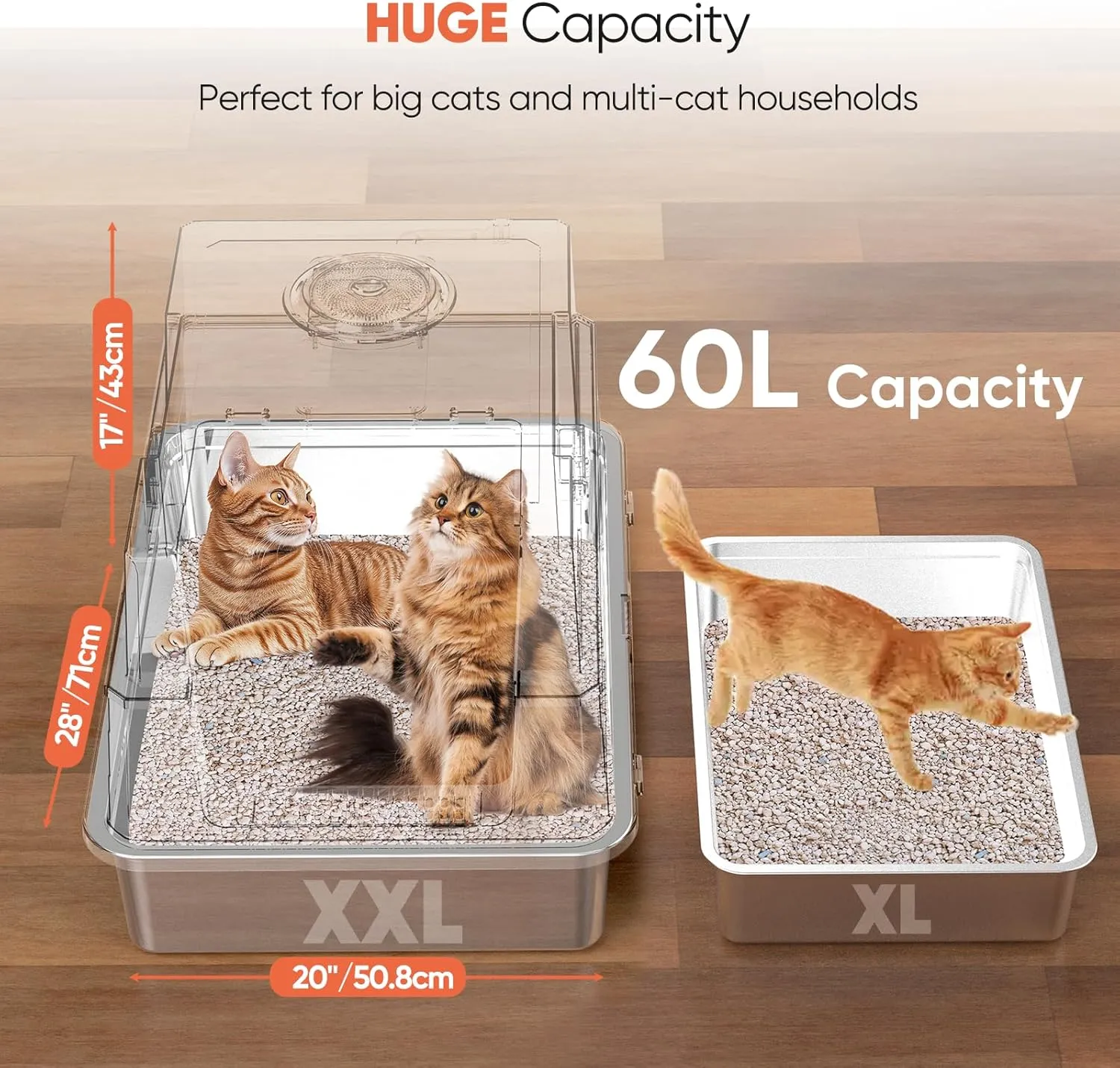 ELEGX XXXL Extra Large 28" L20" W Odor-Control Stainless Steel Cat Litter Box, 4-in-1 Cat Metal Litter Box Set,Enclosed Removable Metal Litter Box with High Sided Enclosure,Mat & Scoop
