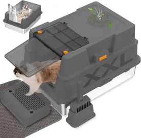 ELEGX XXXL Extra Large 28" L20" W Odor-Control Stainless Steel Cat Litter Box, 4-in-1 Cat Metal Litter Box Set,Enclosed Removable Metal Litter Box with High Sided Enclosure,Mat & Scoop