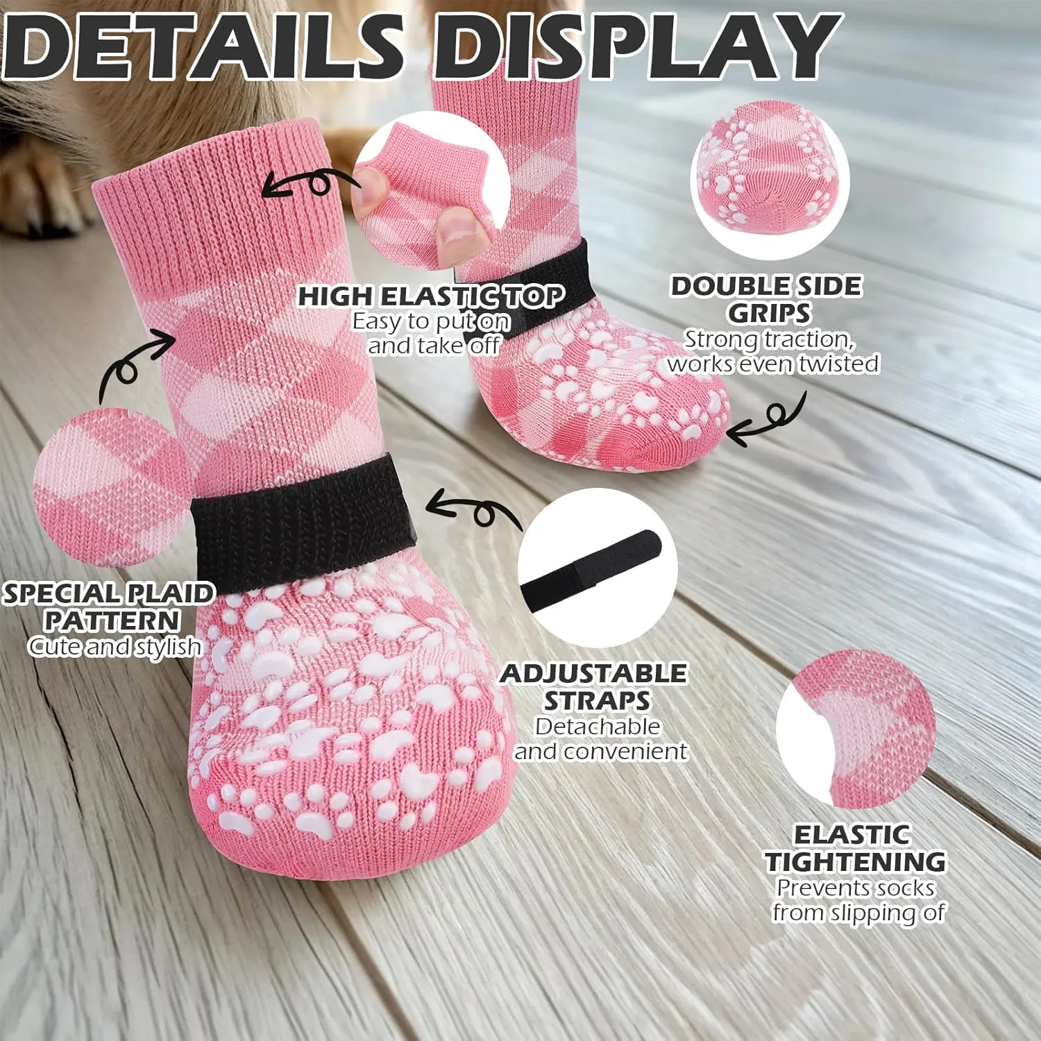 EXPAWLORER Dog Socks for Hot Pavement to Prevent Licking Paws, Anti Slip Doggie Booties Grippy Shoes for Hardwood Floors, Boots & Paw Protectors for Small Medium Large Senior Dogs Pink XL
