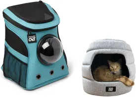 Fat Cat Backpack Carrier & Collapsible Hideaway Cat Bed Set  Airline Approved Carrier with Space Capsule Window and Cozy, Convertible Cat Cave for Travel and Home